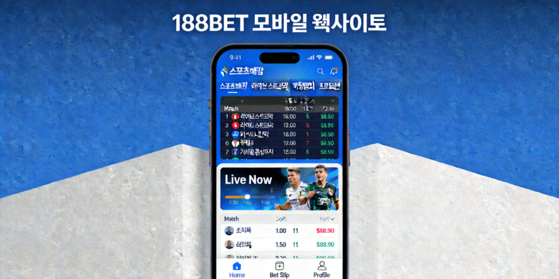 188BET 모바일 웹사이트의 주요 기능과 사용자 인터페이스를 보여주는 이미지