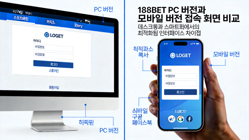 188BET PC 버전과 모바일 버전 접속 화면 비교 - 데스크톱과 스마트폰에서의 최적화된 인터페이스 차이점
